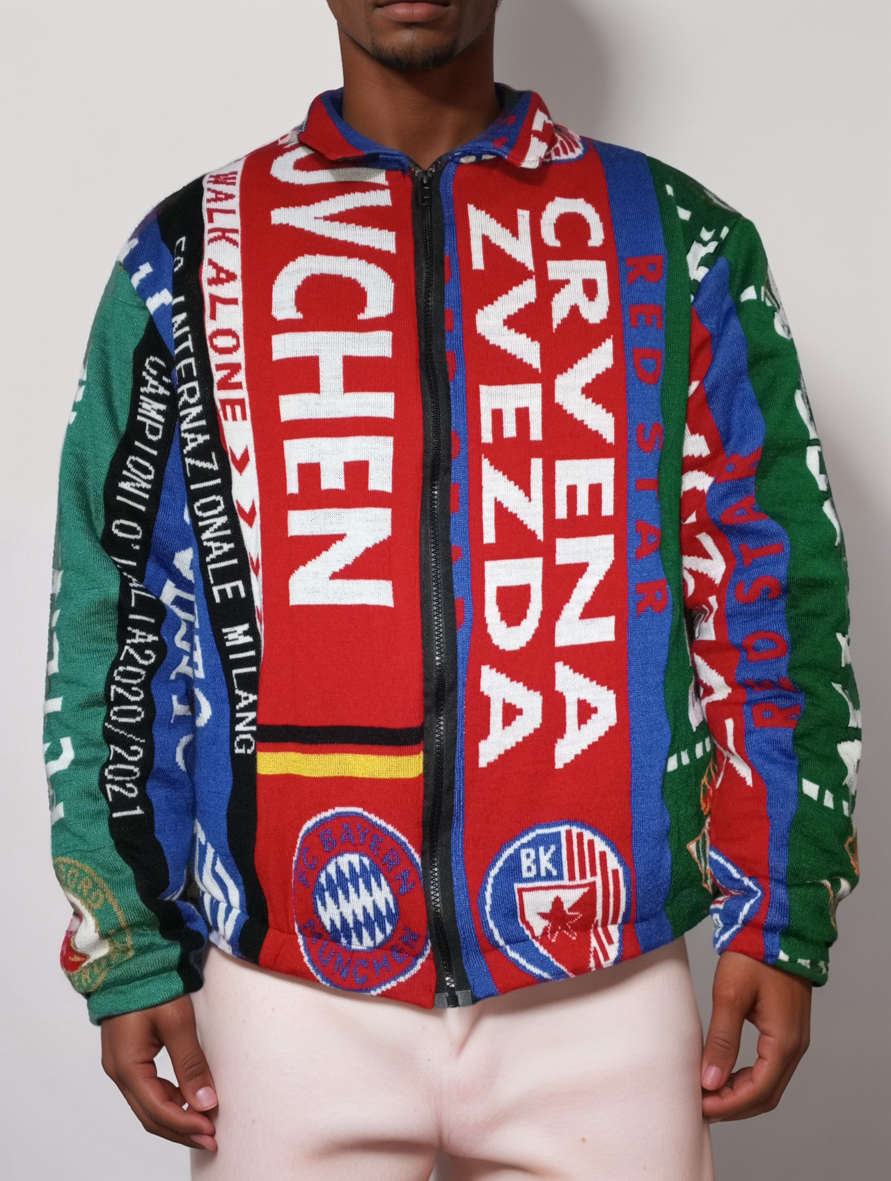 Bomber jacket made from upcycled football scarves. Best-selling bomber jacket with iconic football scarf patterns – get yours before it’s gone!
